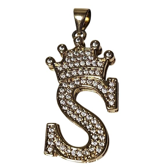 Elegant Stylish S Initial Crown Pendant Charm Cubic Zirconia Gold-Plated Jewelry - Picture 1 of 4